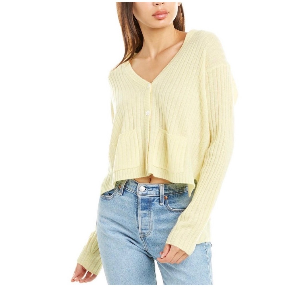 ATM Cashmere Cardigan Cropped Ribbed V Neck Button Front Buttery Yellow Medium
